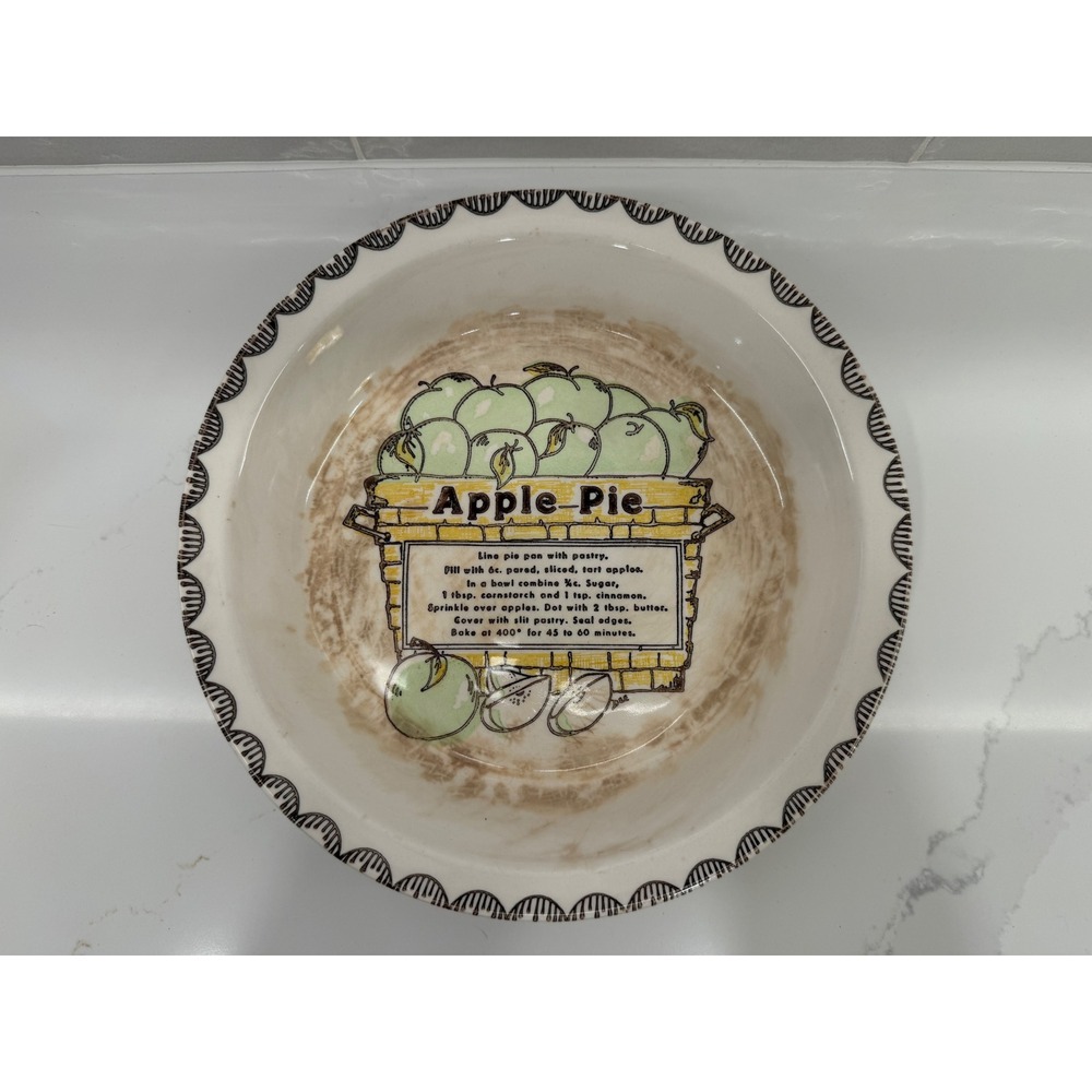 Vintage Ceramic Apple‎ Pie Dish Recipe 10 Inch White Green Farmhouse Baking Pan